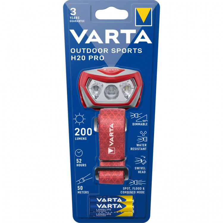 Varta Outdoor Sports H20 Pro hodelykt 200 lm rød Varta Outdoor Sports H20 Pro hodelykt 200 lm rød