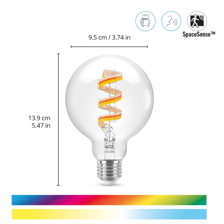 WiZ WiFi Smart LED E27 G95 40W Filament Farge + Varm-kald hvit 470lm WiZ WiFi Smart LED E27 G95 40W Filament Farge + Varm-kald hvit 470lm
