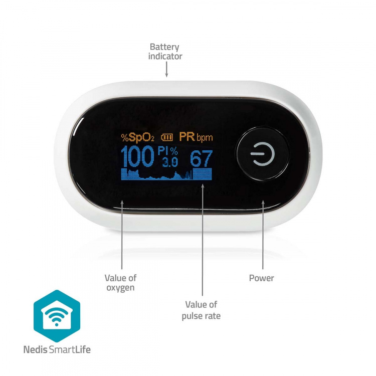 Nedis SmartLife Pulsoksymeter | Bluetooth® | LED | Anti-bevegelse interferens / Auditiv alarm / Oksygenmetning (SpO2) / Perfusjonsindeks / Puls / Sensor med høy presisjon | Hvit