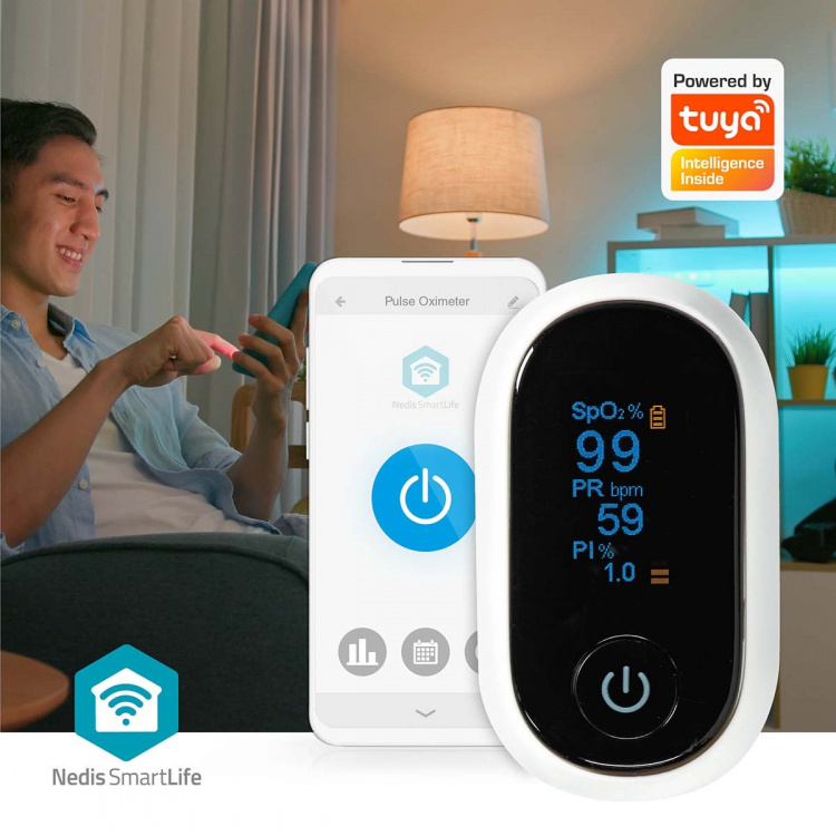Nedis SmartLife Pulsoksymeter | Bluetooth® | LED | Anti-bevegelse interferens / Auditiv alarm / Oksygenmetning (SpO2) / Perfusjonsindeks / Puls / Sensor med høy presisjon | Hvit