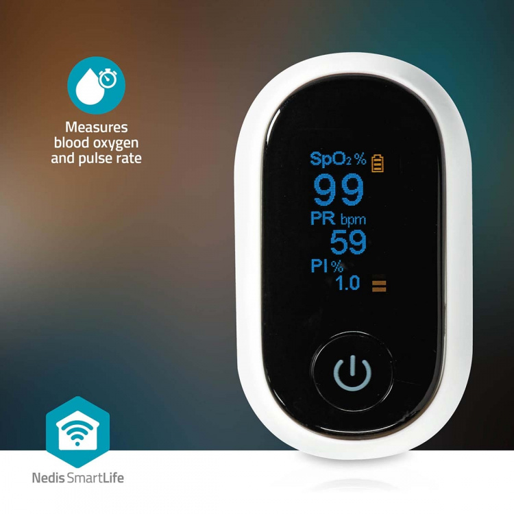 Nedis SmartLife Pulsoksymeter | Bluetooth® | LED | Anti-bevegelse interferens / Auditiv alarm / Oksygenmetning (SpO2) / Perfusjonsindeks / Puls / Sensor med høy presisjon | Hvit