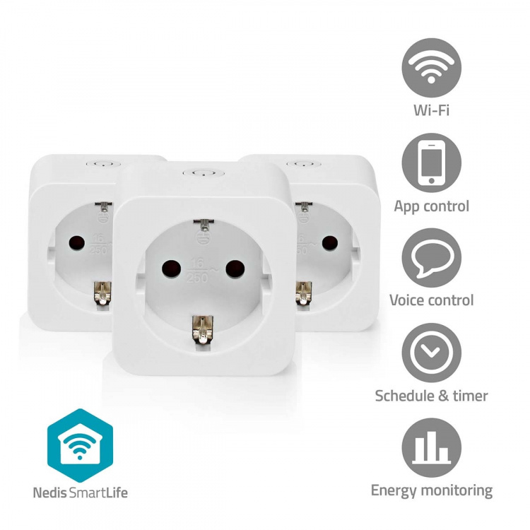 Nedis SmartLife Smart Plug | IP21 | Efektmåler | 3680 W | Type F (CEE 7/7) | 0 - 55 °C | Android™ / IOS | Hvit | 3 stk Nedis SmartLife Smart Plug | IP21 | Efektmåler | 3680 W | Type F (CEE 7/7) | 0 - 55 °C | Android™ / IOS | Hvit | 3 stk