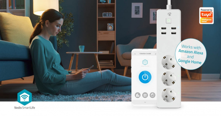 Nedis SmartLife Power Strip | 3x Jordet kontakt (CEE 7/3) / 4 x USB | 16 A | 3680 W | 1.80 m | -10 - 40 °C | Android™ / IOS | Hvit