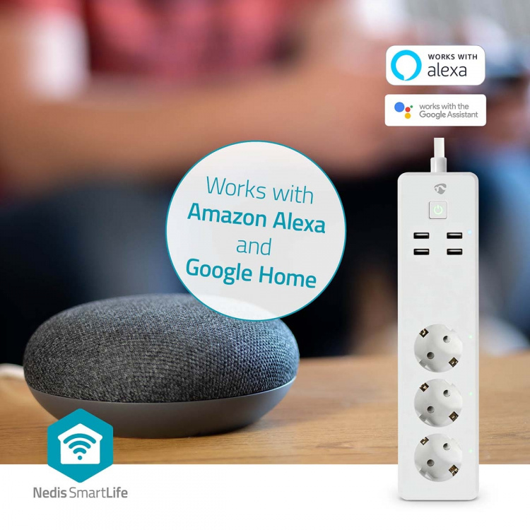 Nedis SmartLife Power Strip | 3x Jordet kontakt (CEE 7/3) / 4 x USB | 16 A | 3680 W | 1.80 m | -10 - 40 °C | Android™ / IOS | Hvit
