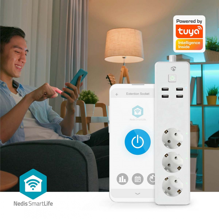 Nedis SmartLife Power Strip | 3x Jordet kontakt (CEE 7/3) / 4 x USB | 16 A | 3680 W | 1.80 m | -10 - 40 °C | Android™ / IOS | Hvit