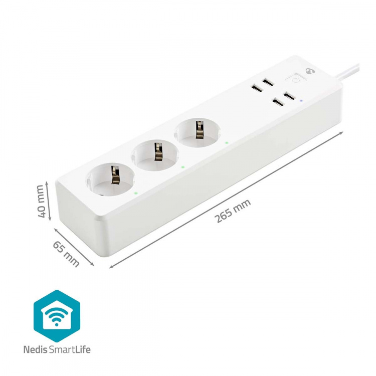 Nedis SmartLife Power Strip | 3x Jordet kontakt (CEE 7/3) / 4 x USB | 16 A | 3680 W | 1.80 m | -10 - 40 °C | Android™ / IOS | Hvit