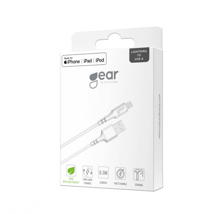 Gear Rund ladekabel Lightning til USB-A 0,3m Hvit MFI