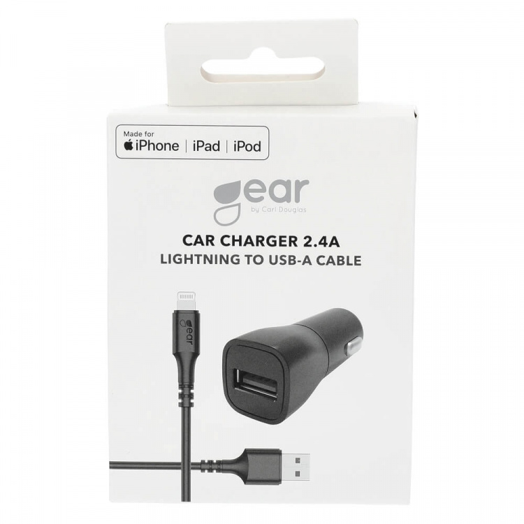 Gear Lader 12-24V 1xUSB-A 2,4A Svart Lightning Kabel 1m MFI C89 Gear Lader 12-24V 1xUSB-A 2,4A Svart Lightning Kabel 1m MFI C89