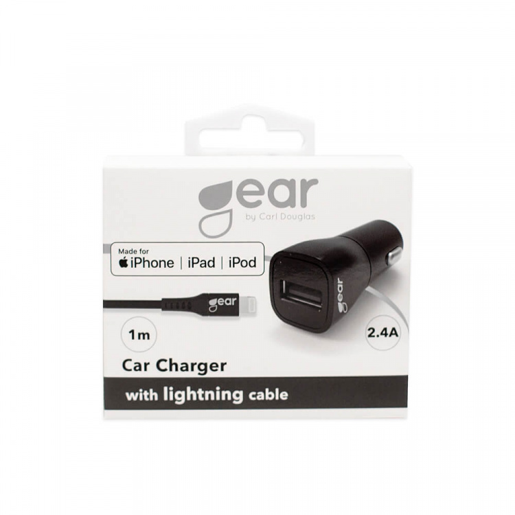 Gear Lader 12-24V 1xUSB-A 2,4A Svart Lightning Kabel 1m MFI C89 Gear Lader 12-24V 1xUSB-A 2,4A Svart Lightning Kabel 1m MFI C89