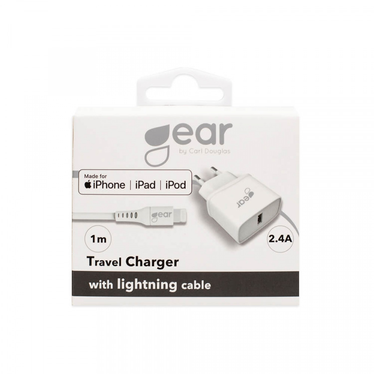 Gear Lader 220V 1xUSB-A 2,4A HvitLightning Kabel 1m MFI C89 Gear Lader 220V 1xUSB-A 2,4A HvitLightning Kabel 1m MFI C89