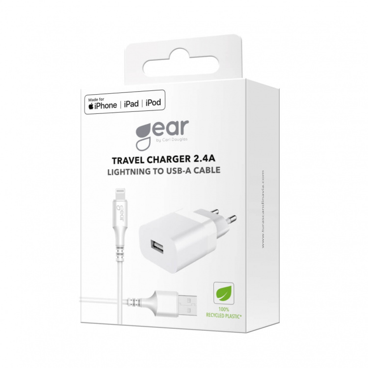 Gear Lader 220V 1xUSB-A 2,4A HvitLightning Kabel 1m MFI C89 Gear Lader 220V 1xUSB-A 2,4A HvitLightning Kabel 1m MFI C89