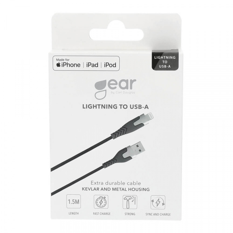Gear Ladekabel PRO USB-A til Lightning C89 1.5m Svart Kevlarkabel med Metallkoblinger
