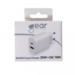 Gear Lader 220V 1xUSB-C + 1xUSB-A PD/PPS 25W + 18W QC Hvitit Gear Lader 220V 1xUSB-C + 1xUSB-A PD/PPS 25W + 18W QC Hvitit