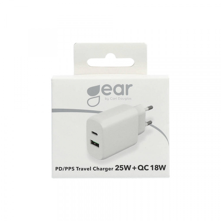 Gear Lader 220V 1xUSB-C + 1xUSB-A PD/PPS 25W + 18W QC Hvitit Gear Lader 220V 1xUSB-C + 1xUSB-A PD/PPS 25W + 18W QC Hvitit