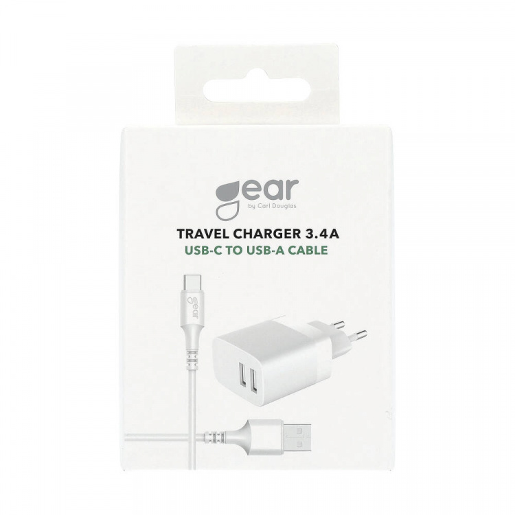 Gear Lader 220V 2xUSB-A 3.4A Hvit USB-C 2.0 kabel 1m Gear Lader 220V 2xUSB-A 3.4A Hvit USB-C 2.0 kabel 1m