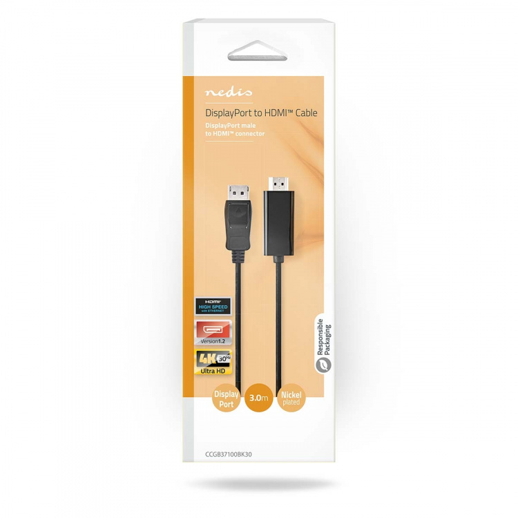 Nedis Displayport-kabel | DisplayPort Han | HDMI ™ -kontakt | 4K@30Hz | Nikkel belagt | 3.00 m | Rund | PVC | Sort | Boks Nedis Displayport-kabel | DisplayPort Han | HDMI ™ -kontakt | 4K@30Hz | Nikkel belagt | 3.00 m | Rund | PVC | Sort | Boks