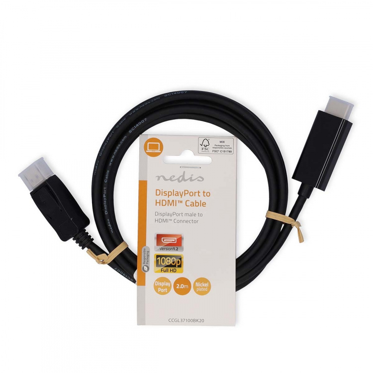 Nedis Displayport-kabel | DisplayPort Han | HDMI ™ -kontakt | 1080p | Nikkel belagt | 2.00 m | Rund | PVC | Sort | Label Nedis Displayport-kabel | DisplayPort Han | HDMI ™ -kontakt | 1080p | Nikkel belagt | 2.00 m | Rund | PVC | Sort | Label