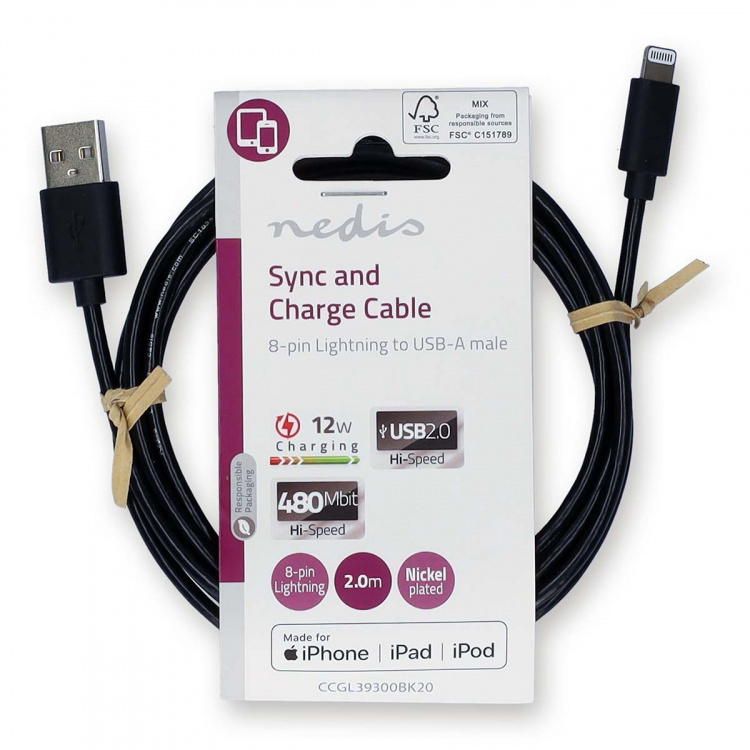 Nedis Lightning Kabel | USB 2.0 | Apple Lightning 8-Pinners | USB-A Han | 480 Mbps | Nikkel belagt | 2.00 m | Rund | PVC | Sort | Label Nedis Lightning Kabel | USB 2.0 | Apple Lightning 8-Pinners | USB-A Han | 480 Mbps | Nikkel belagt | 2.00 m | Rund | PVC | Sort | Label