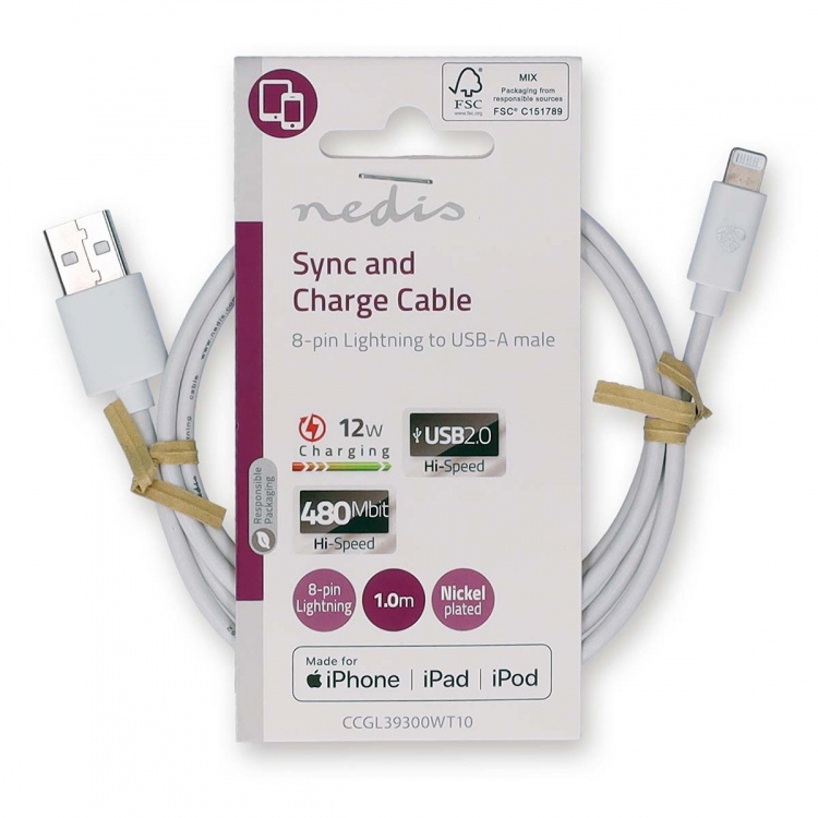 Nedis Lightning Kabel | USB 2.0 | Apple Lightning 8-Pinners | USB-A Han | 480 Mbps | Nikkel belagt | 1.00 m | Rund | PVC | Hvit | Label Nedis Lightning Kabel | USB 2.0 | Apple Lightning 8-Pinners | USB-A Han | 480 Mbps | Nikkel belagt | 1.00 m | Rund | PVC | Hvit | Label