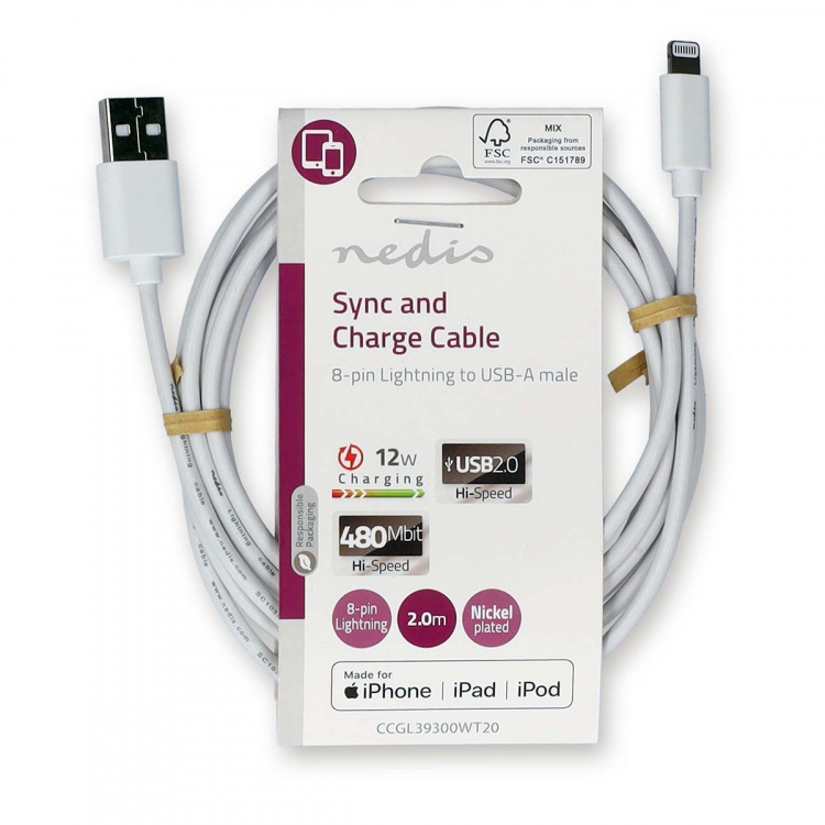 Nedis Lightning Kabel | USB 2.0 | Apple Lightning 8-Pinners | USB-A Han | 480 Mbps | Nikkel belagt | 2.00 m | Rund | PVC | Hvit | Label Nedis Lightning Kabel | USB 2.0 | Apple Lightning 8-Pinners | USB-A Han | 480 Mbps | Nikkel belagt | 2.00 m | Rund | PVC | Hvit | Label