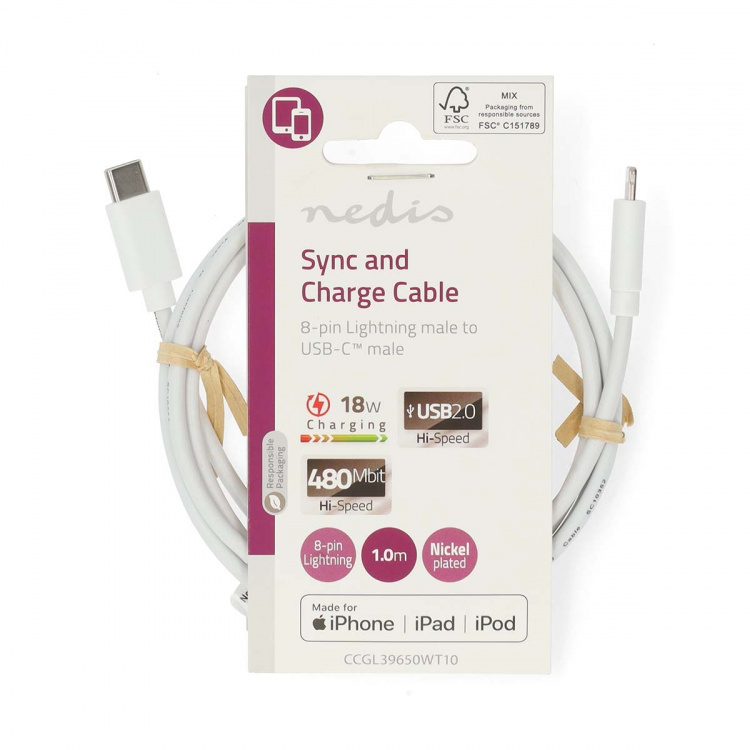 Nedis Lightning Kabel | USB 2.0 | Apple Lightning 8-Pinners | USB-C™ Hann | 480 Mbps | Nikkel belagt | 1.00 m | Rund | PVC | Hvit | Label Nedis Lightning Kabel | USB 2.0 | Apple Lightning 8-Pinners | USB-C™ Hann | 480 Mbps | Nikkel belagt | 1.00 m | Rund | PVC | Hvit | Label