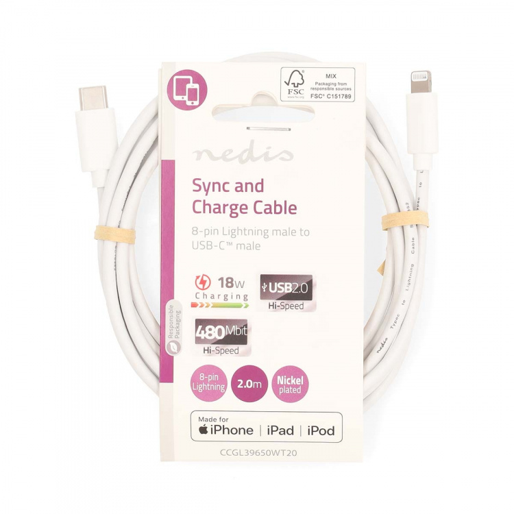 Nedis Lightning Kabel | USB 2.0 | Apple Lightning 8-Pinners | USB-C™ Hann | 480 Mbps | Nikkel belagt | 2.00 m | Rund | PVC | Hvit | Label