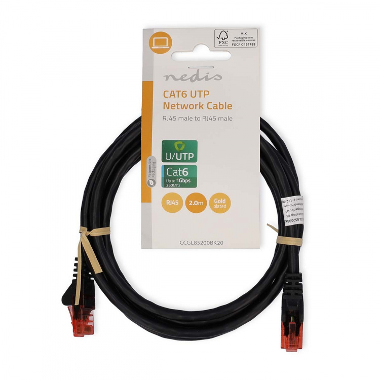 Nedis CAT6 Nettverkskabel | RJ45 Han | RJ45 Han | U/UTP | 2.00 m | Rund | PVC | Sort | Label Nedis CAT6 Nettverkskabel | RJ45 Han | RJ45 Han | U/UTP | 2.00 m | Rund | PVC | Sort | Label