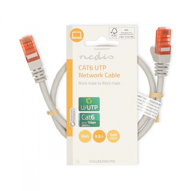 Nedis CAT6 Nettverkskabel | RJ45 Han | RJ45 Han | U/UTP | 0.50 m | Rund | PVC | Grå | Label Nedis CAT6 Nettverkskabel | RJ45 Han | RJ45 Han | U/UTP | 0.50 m | Rund | PVC | Grå | Label