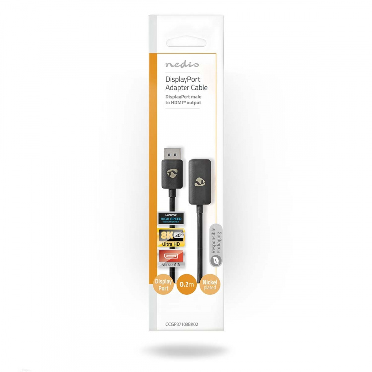 Nedis Displayport-adapter | DisplayPort Han | HDMI™ Output | 8K@30Hz | Nikkel belagt | Rett | 0.20 m | Rund | TPE | PVC | Sort | Konvolutt