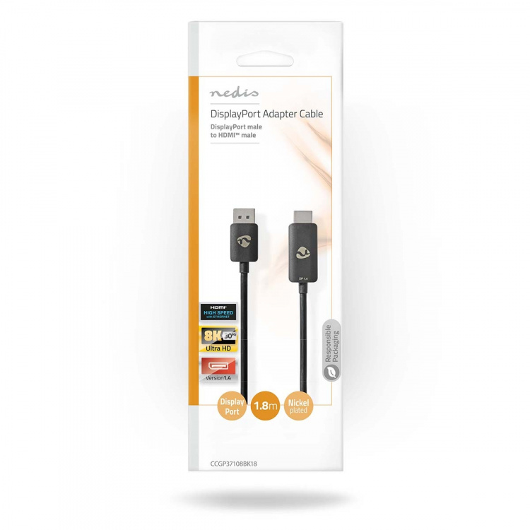 Nedis Displayport-adapter | DisplayPort Han | HDMI ™ -kontakt | 8K@30Hz | Nikkel belagt | Rett | 1.80 m | Rund | TPE | Sort | Konvolutt