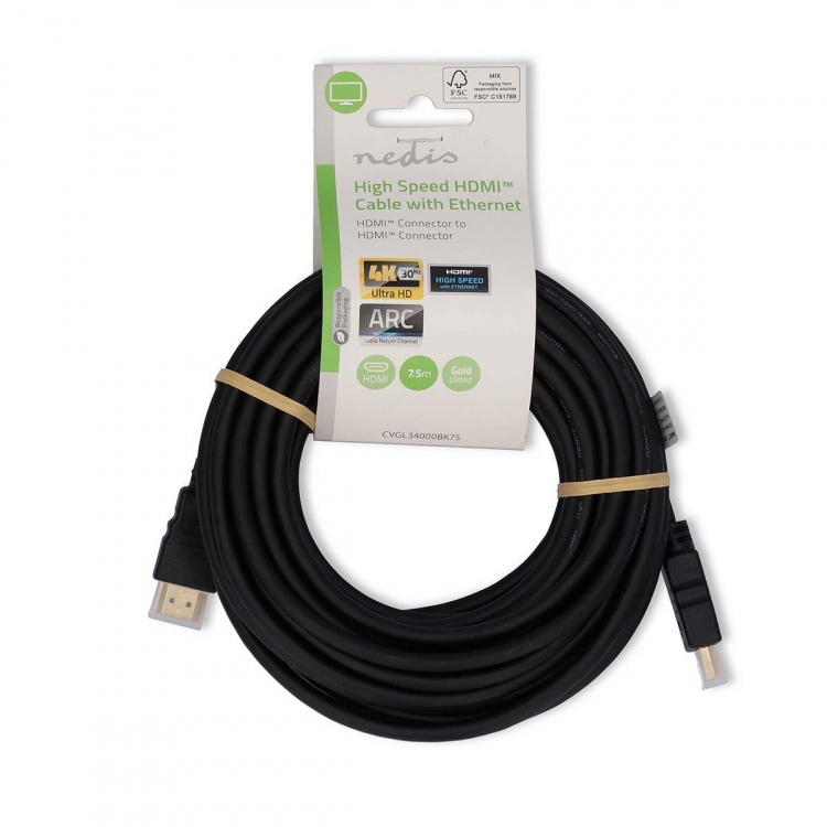 Nedis High Speed ​​HDMI ™ kabel med Ethernet | HDMI ™ -kontakt | HDMI ™ -kontakt | 4K@30Hz | ARC | 10.2 Gbps | 7.50 m | Rund | PVC | Sort | Label