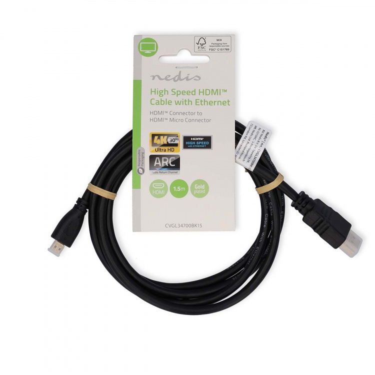 Nedis High Speed ​​HDMI ™ kabel med Ethernet | HDMI ™ -kontakt | HDMI ™ mikrokontakt | 4K@30Hz | 10.2 Gbps | 1.50 m | Rund | PVC | Sort | Label