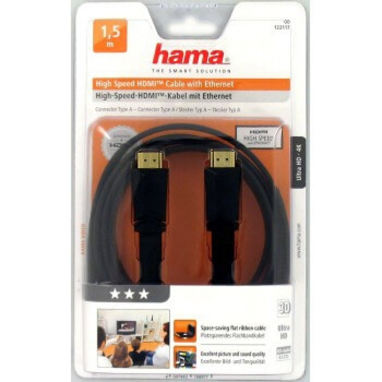Hama HDMI kabel ethernet 1,5m svart flat TL Hama HDMI kabel ethernet 1,5m svart flat TL