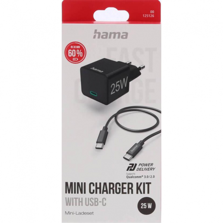 Hama Quick Charger 1x USB-C with Cable 25W PD 1.0m Black Hama Quick Charger 1x USB-C with Cable 25W PD 1.0m Black