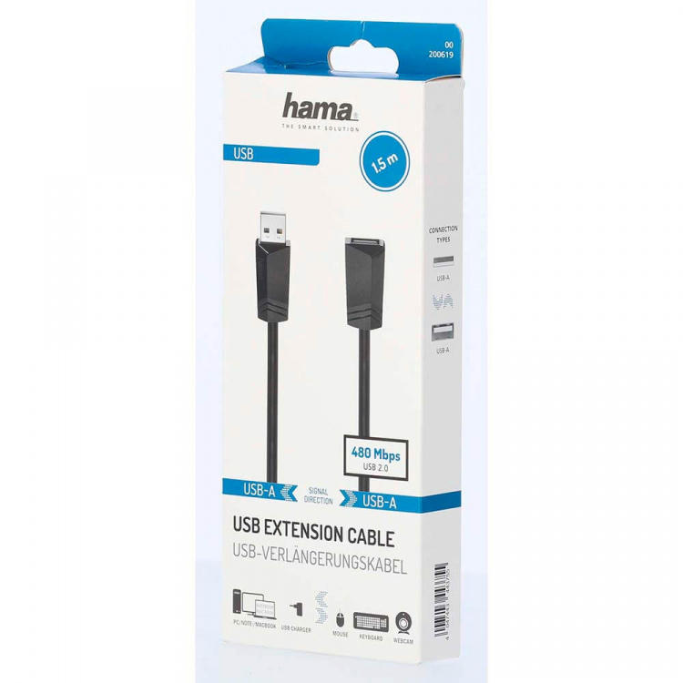 Hama USB Forlengelseskabel 480 Mbit/s 1,5m Svart Hama USB Forlengelseskabel 480 Mbit/s 1,5m Svart