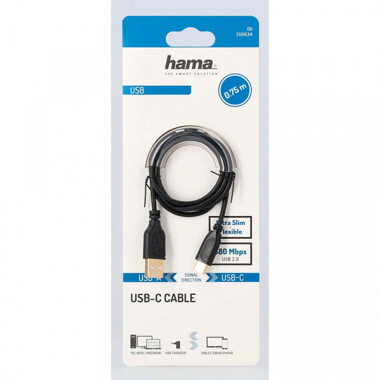 Hama Kabel USB-C Flexi-Slim USB-A-USB-C Gull Svart 0,75m