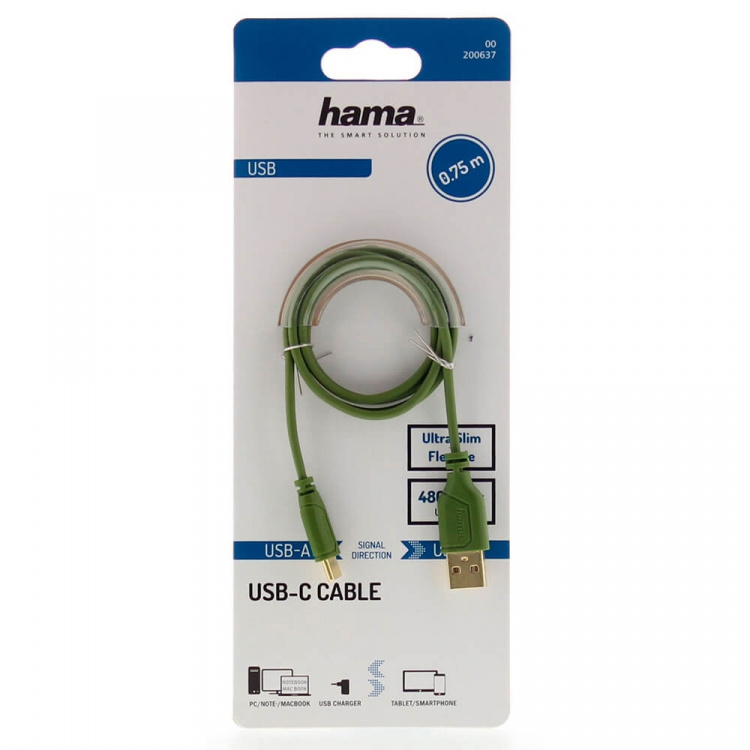 Hama Kabel USB-C Flexi-Slim USB-A-USB-C Gull Grønn 0,75m