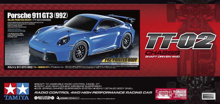 Tamiya 1/10 R/C Porsche 911 GT3 (992) (Blå PB) (TT-02) 