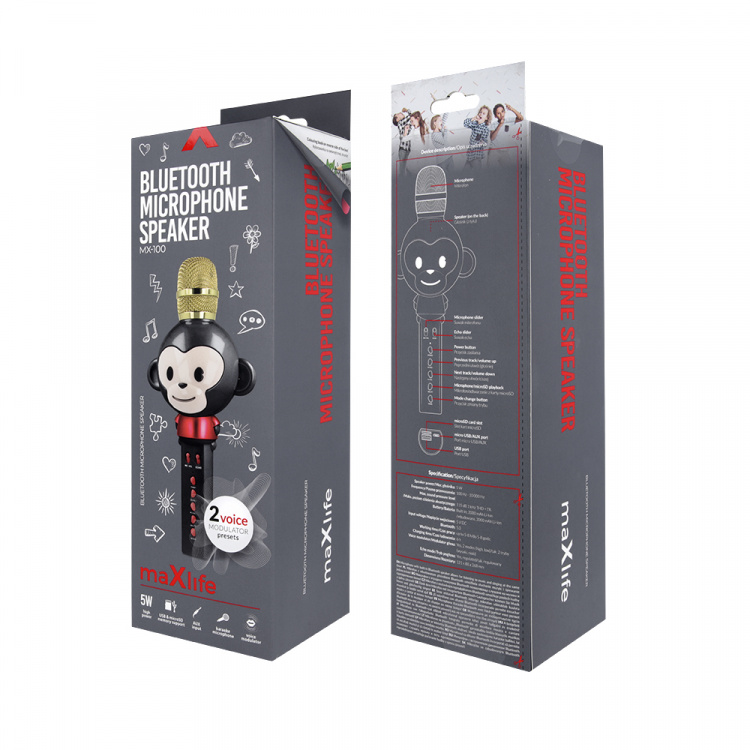 Maxlife Animal MX-100 - Bluetooth-karaokemikrofon med innebygd høyttaler, svart Maxlife Animal MX-100 - Bluetooth-karaokemikrofon med innebygd høyttaler, svart