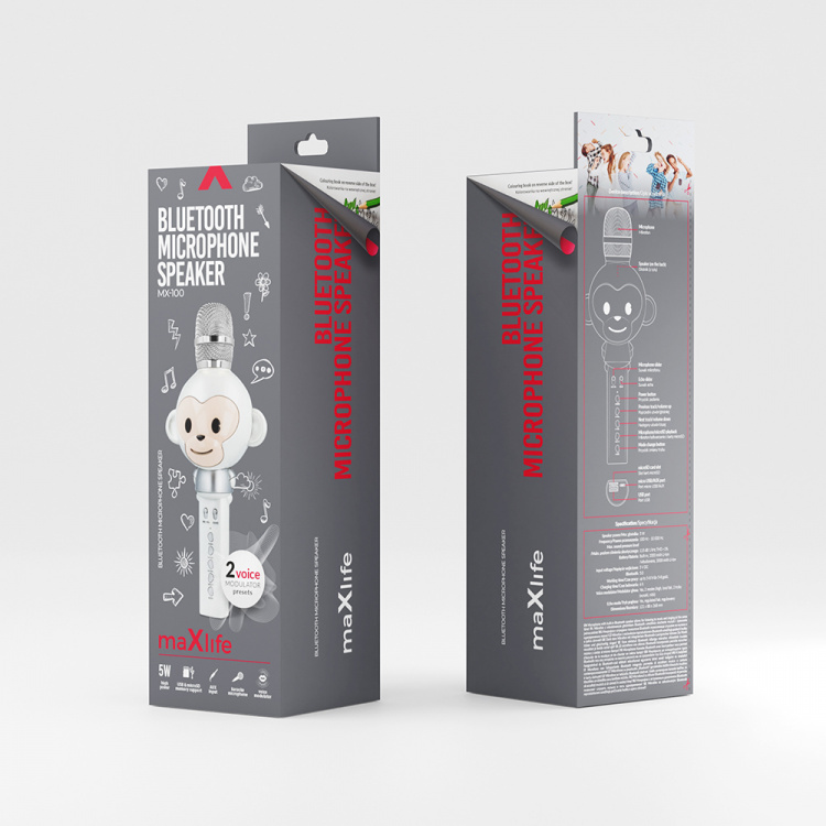 Maxlife Animal MX-100 - Bluetooth-karaokemikrofon med innebygd høyttaler, hvit