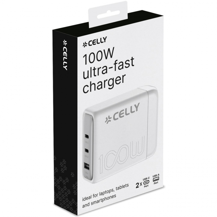Celly Power Station 1 x USB-A + 2 x USB-C PD 100W GaN Hvit