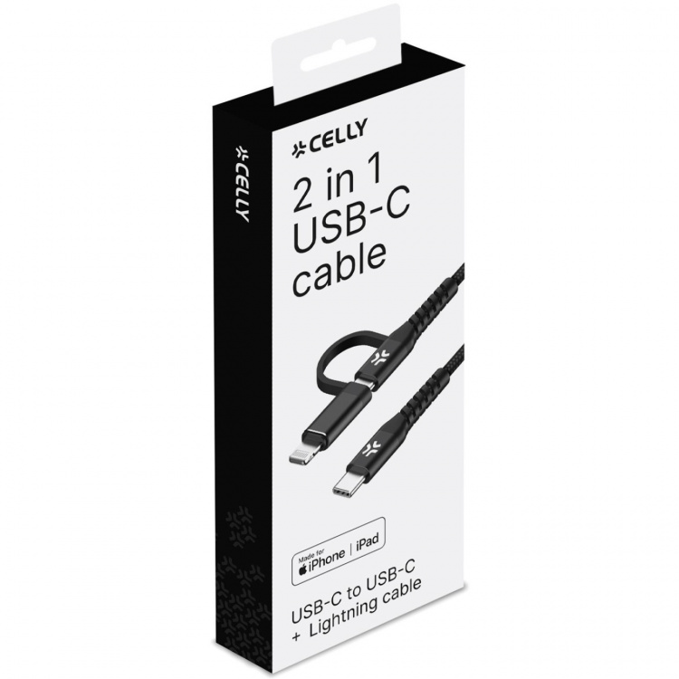 Celly 2-i-1-kabel USB-C - USB-C/Lightning 60W 1 m svart Celly 2-i-1-kabel USB-C - USB-C/Lightning 60W 1 m svart