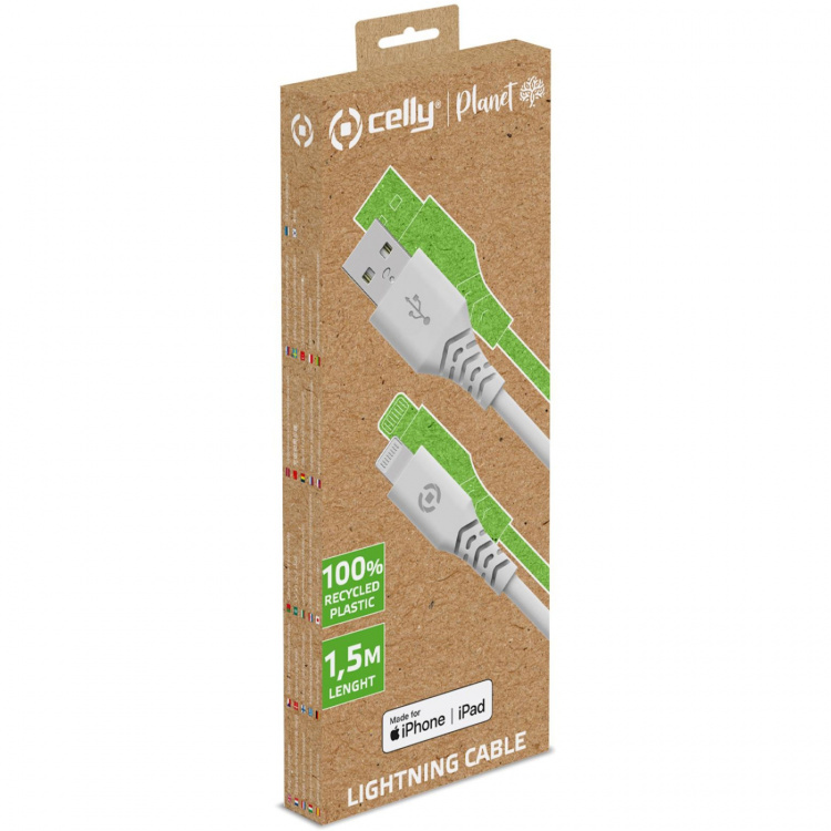 Celly Planet USB-A - Lightning-kabel 1,5 m laget av 100 % resirkulert plast Hvit
