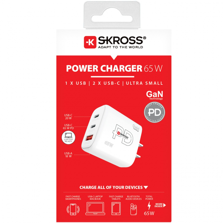 SKROSS Strømlader US/Japan etc. 2xUSB-C PD + 1xUSB-A GaN 65W SKROSS Strømlader US/Japan etc. 2xUSB-C PD + 1xUSB-A GaN 65W