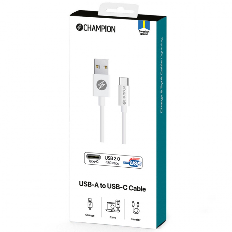 Champion USB-A til USB-C-kabel 3 m hvit Champion USB-A til USB-C-kabel 3 m hvit