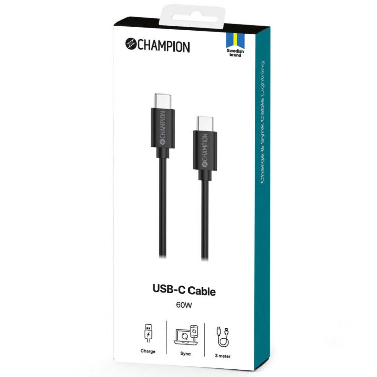Champion USB-C-kabel 60W 3m svart