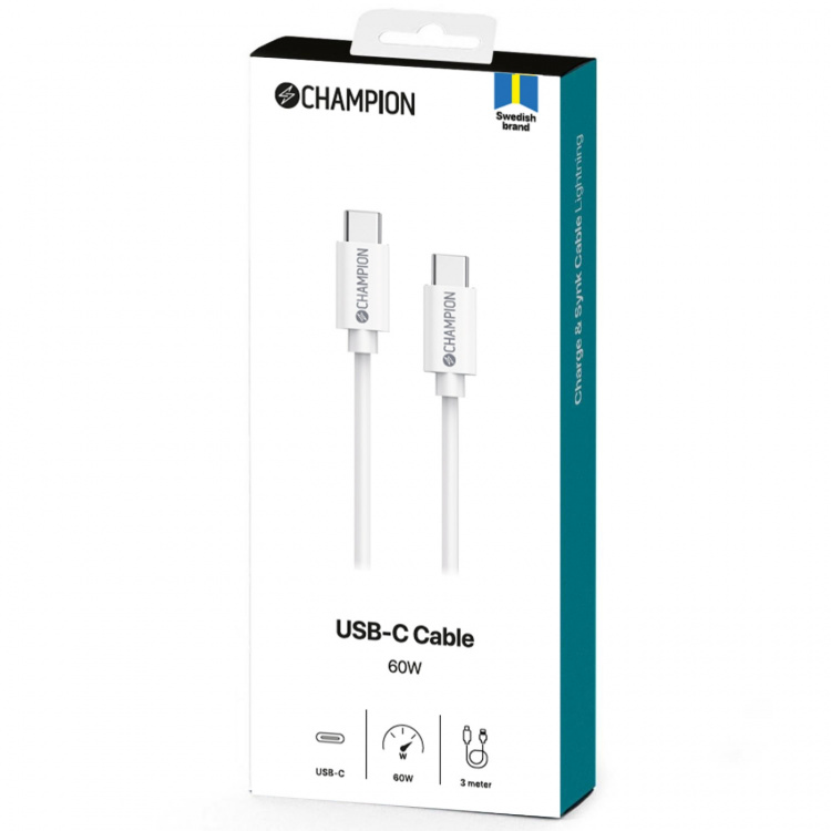 Champion USB-C-kabel 60W 3m hvit