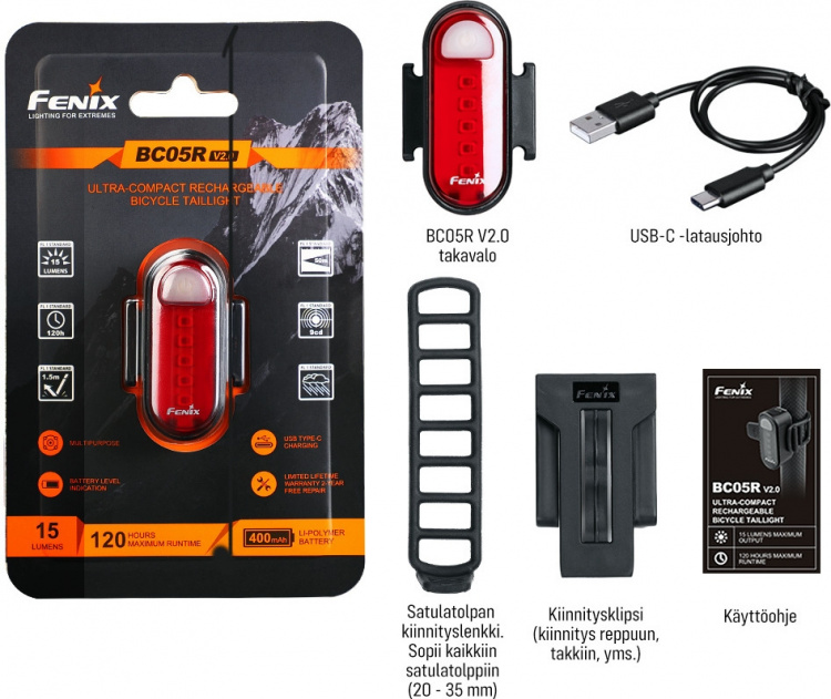 Fenix bC05R V2.0 baklykt, 15 lm