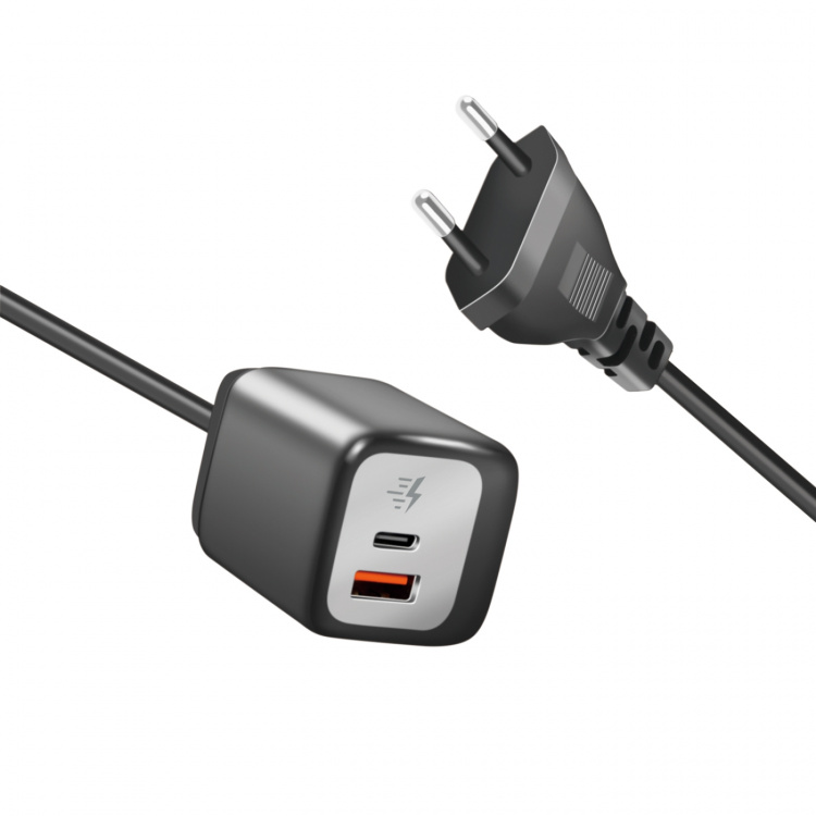 LogiLink USB-lader 1xUSB-A + 1xUSB-C med fast kabel 1,5m GaN 30W