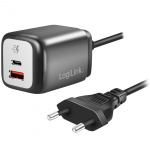 LogiLink USB-lader 1xUSB-A + 1xUSB-C med fast kabel 1,5m GaN 30W